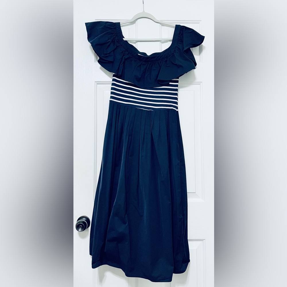 Sea New York Navy and White Striped Off-Shoulder Ruffle  Midi Maxi Dress size M